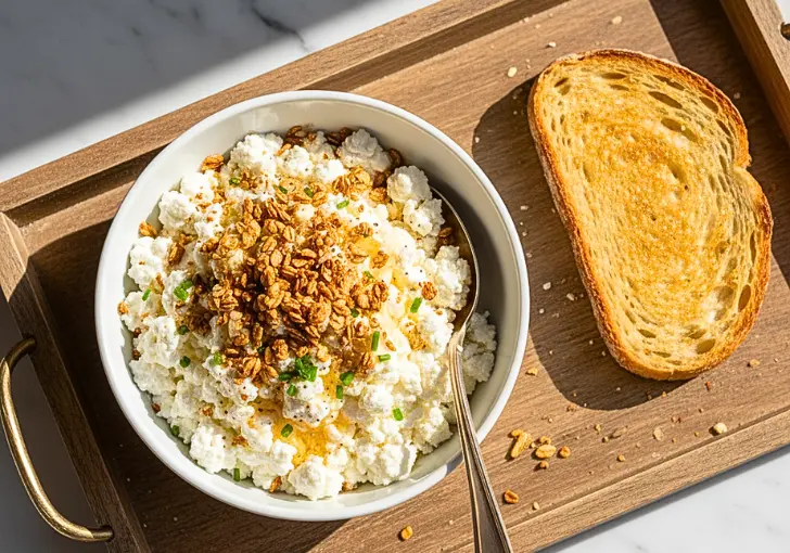 cottage cheese with sprinkle of granola served with A slice of toast