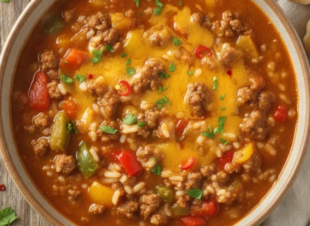 Slow Cooker Ground Beef Stuffed Pepper Soup